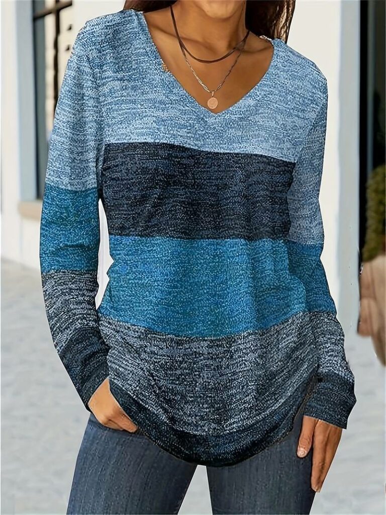 Get the Color Block V Neck T-Shirt for Free – Casual Style for Spring & Fall!